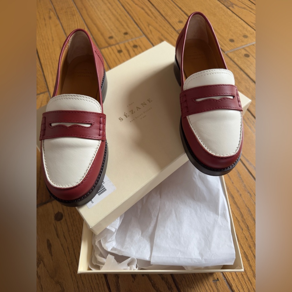 Sezane Andrea Leather Penny Loafers- terracotta and ecru